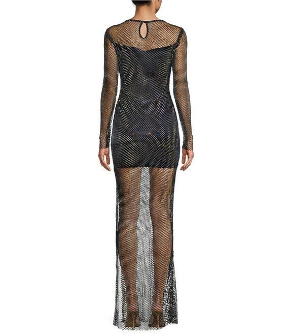 B. Darlin Long Sleeve Rhinestone Mesh Side Slit Long Dress Product Image