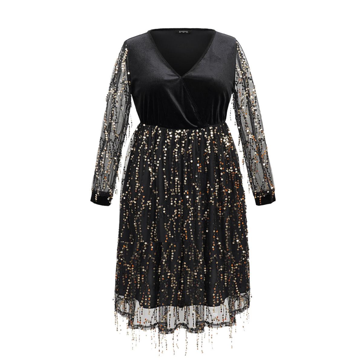 Plus Size Velvet Sequin Tassels Mesh Surplice Neck Dress Black Women Cocktail Sequin Overlap Collar Long Sleeve Curvy Midi Dress BloomChic 14-16/1X Product Image