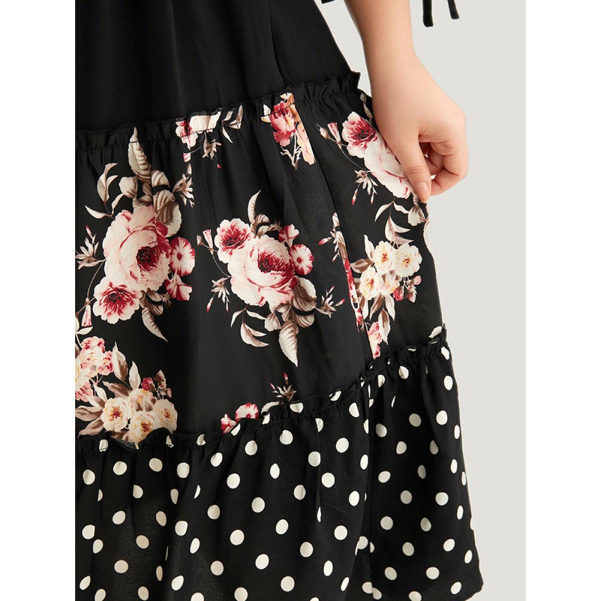 Plus Size Polka Dot Patchwork Floral Knot Pocket Lantern Sleeve Dress Black Women Casual Elastic cuffs V-neck Elbow-length sleeve Curvy Midi Dress BloomChic 12/L Product Image