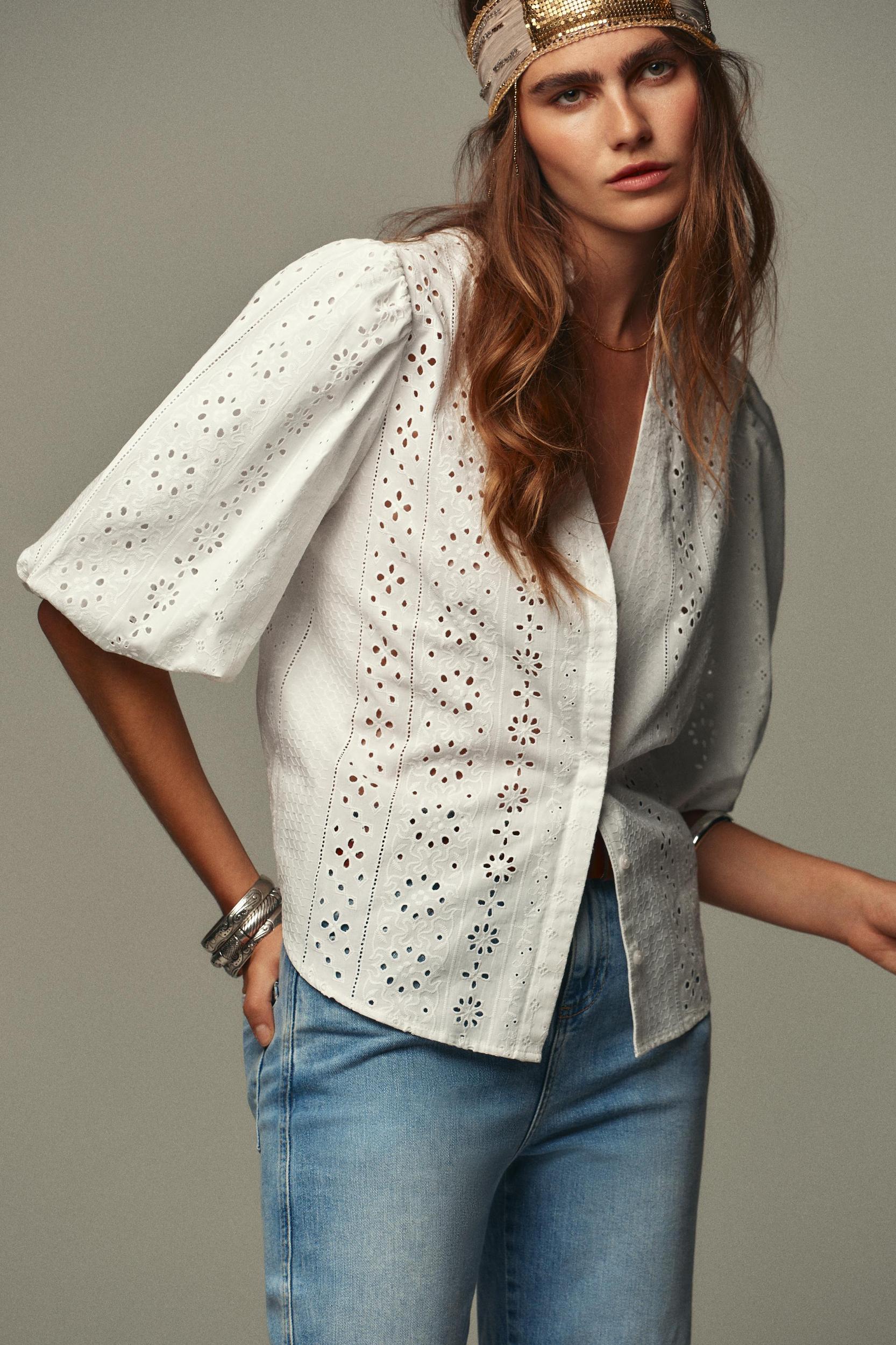 PUFF SLEEVE SHIRT WITH PERFORATED EMBROIDERY Product Image