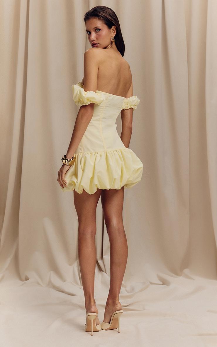 Lemon Ruched Bardot Puff Hem Bodycon Dress Product Image