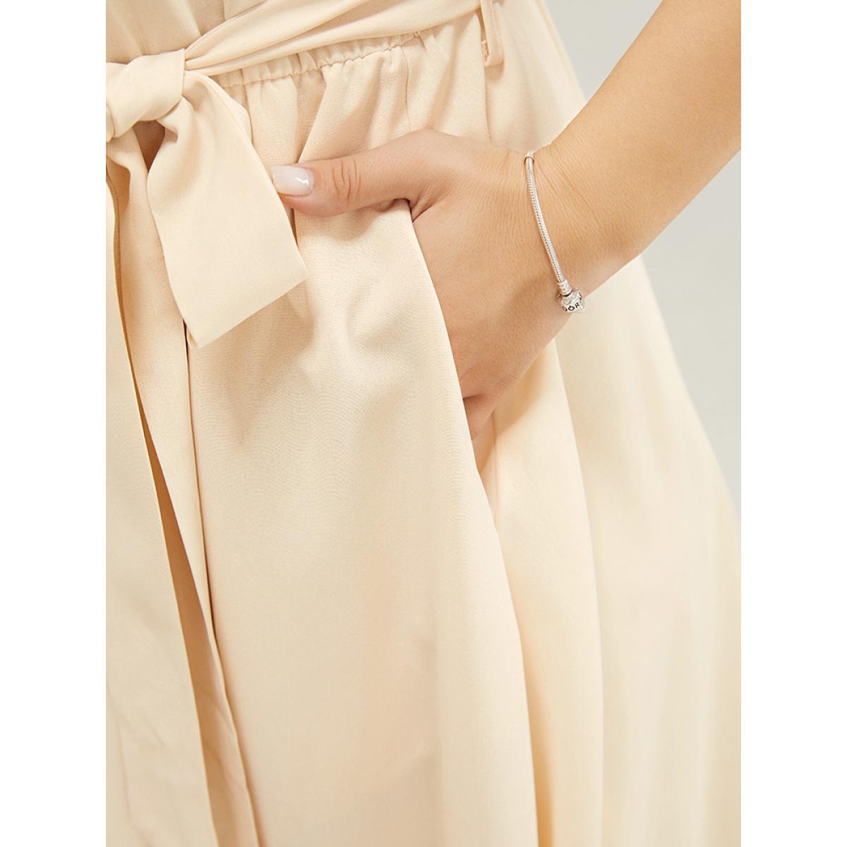 Plus Size Plain Contrast Lace Keyhole Belted Pocket Pompom Trim Tank Dress Beige Women Elegant Lined Round Neck Sleeveless Curvy Midi Dress BloomChic 12/L Product Image