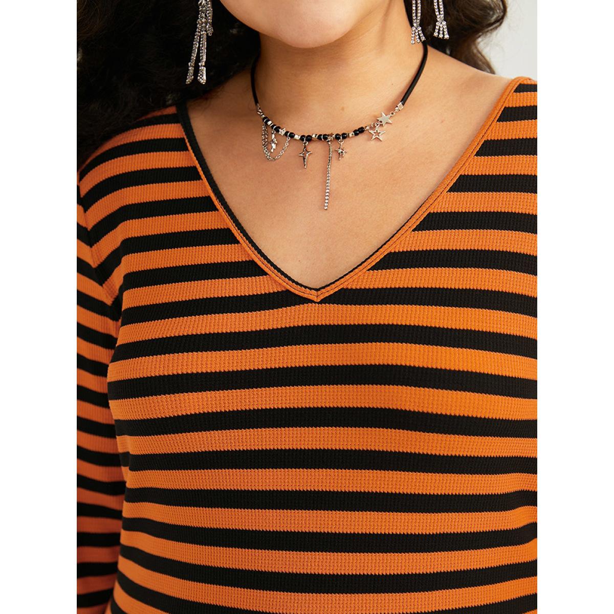 Plus Size Halloween V Neck Contrast Striped T-shirt Chocolate Women Casual Contrast Striped V-neck Festival-Halloween T-shirts BloomChic 18-20/2X Product Image