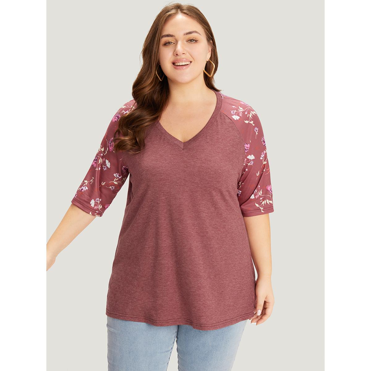 Plus Size Floral Patchwork Raglan Sleeve T-shirt Russet Women Elegant Patchwork Floral V-neck Work T-shirts BloomChic 26/4X Product Image