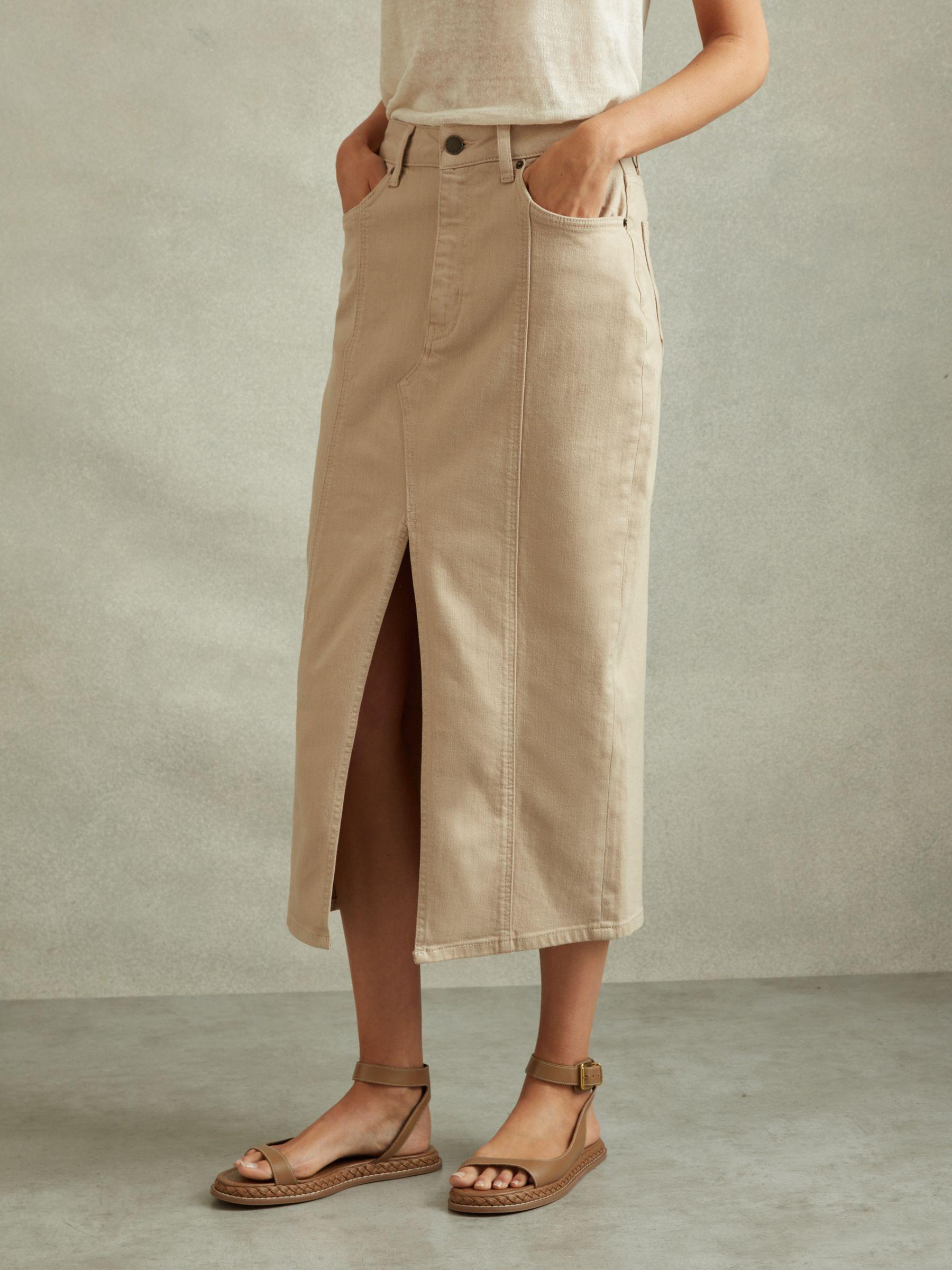 High Rise Denim Midi Skirt in Stone Product Image