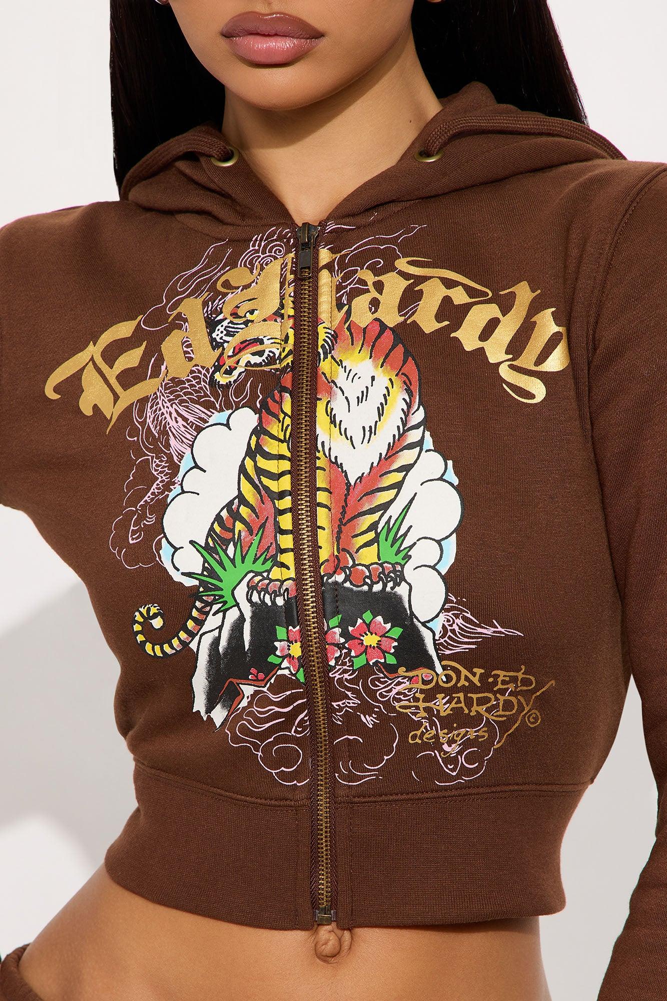 Ed Hardy Tiger Peak Zip Up Hoodie - Brown Female Product Image