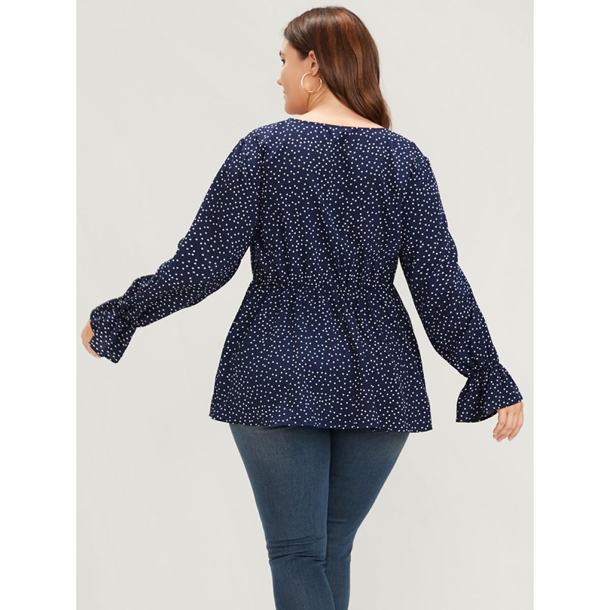 Plus Size DarkBlue Polka Dot Button Lantern Sleeve Ruffles Hem Wrap Blouse Women Elegant Long Sleeve V-neck Dailywear Blouses BloomChic 18-20/2X Product Image
