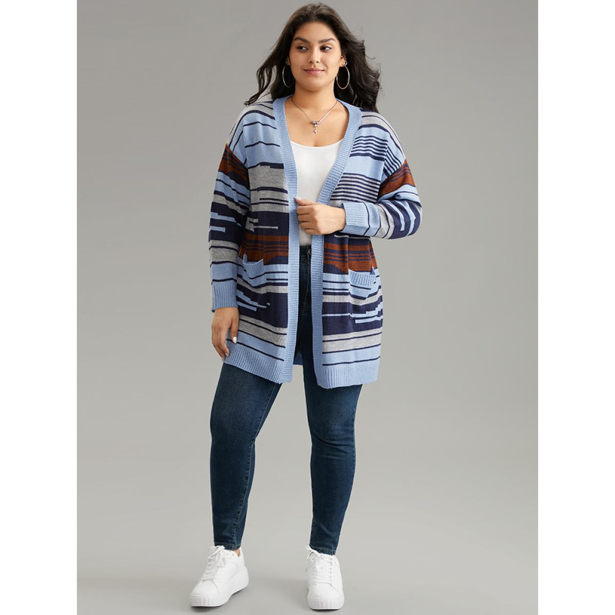 Plus Size Jacquard Asymmetrical Colorblock Contrast Cardigan Stone Women Casual Loose Long Sleeve Dailywear Cardigans BloomChic 10/M Product Image
