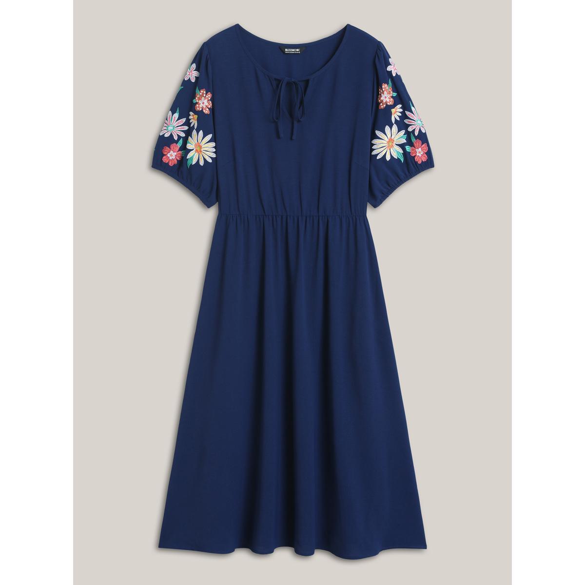Plus Size Floral Embroidered Neck Tie Midi Dress Indigo Women Notched collar Short sleeve Curvy BloomChic 22-24/3X Product Image