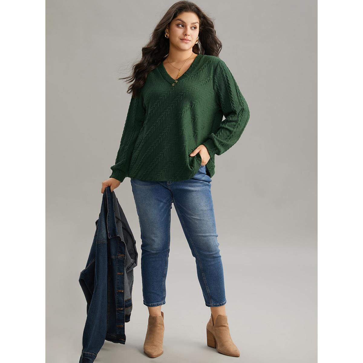 Plus Size Plisse Solid Button Detail Sweatshirt Women DarkGreen Elegant Texture V-neck Everyday Sweatshirts BloomChic 28/5X Product Image