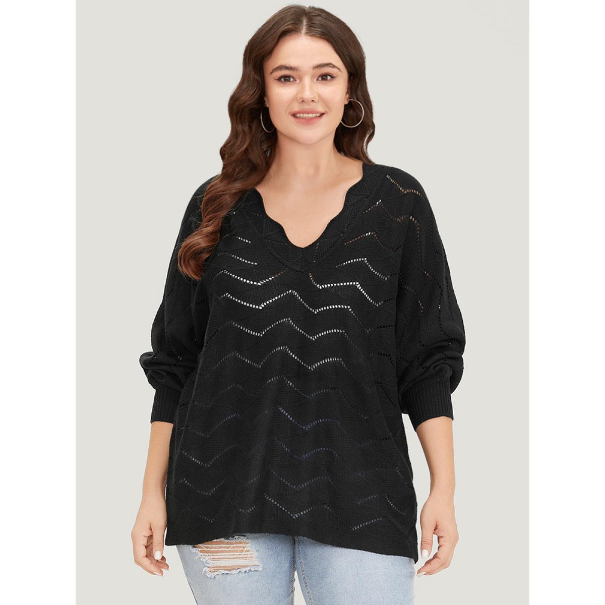 Plus Size Plain Geometric Eyelet Elastic Cuffs Patchwork Pullover Black Women Casual Loose Long Sleeve V-neck Dailywear Pullovers BloomChic 14-16/1X Product Image