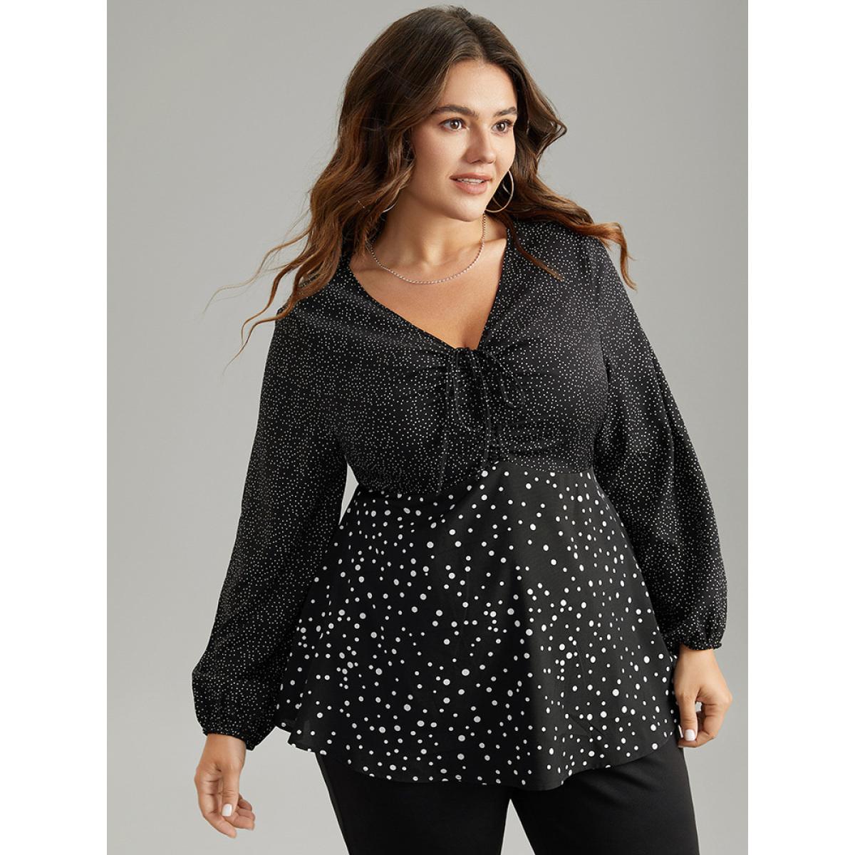 Plus Size Black Polka Dot Ruched Ties Lantern Sleeve Blouse Women Elegant Long Sleeve V-neck Dailywear Blouses BloomChic 10/M Product Image