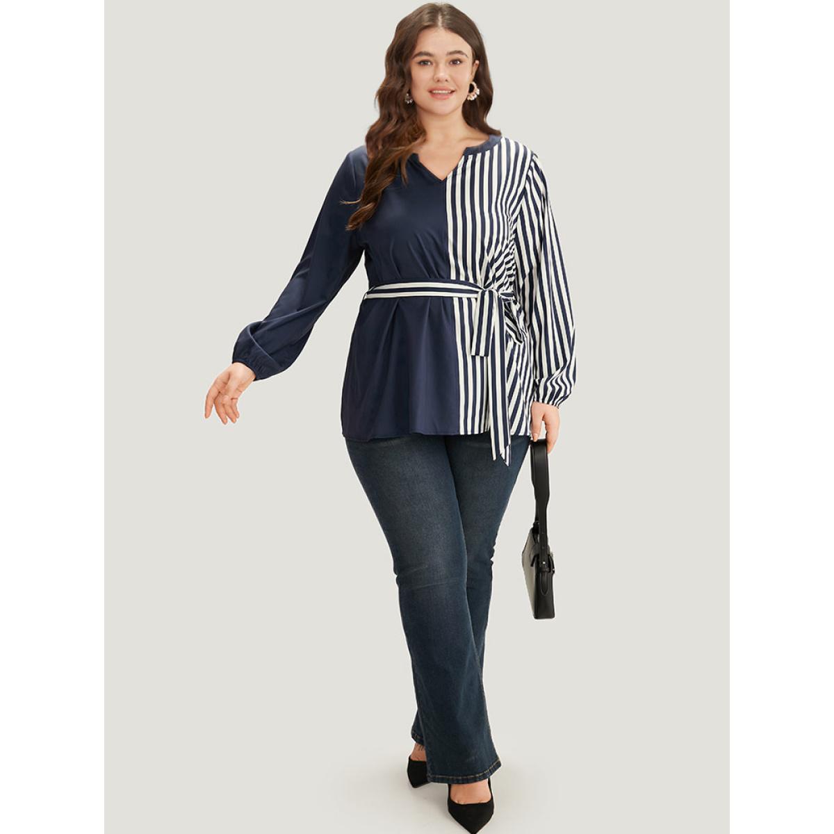Plus Size Indigo Striped Patchwork Notched Belted Lantern Sleeve Blouse Women Office Long Sleeve V-neck Office Blouses BloomChic 14-16/1X Product Image