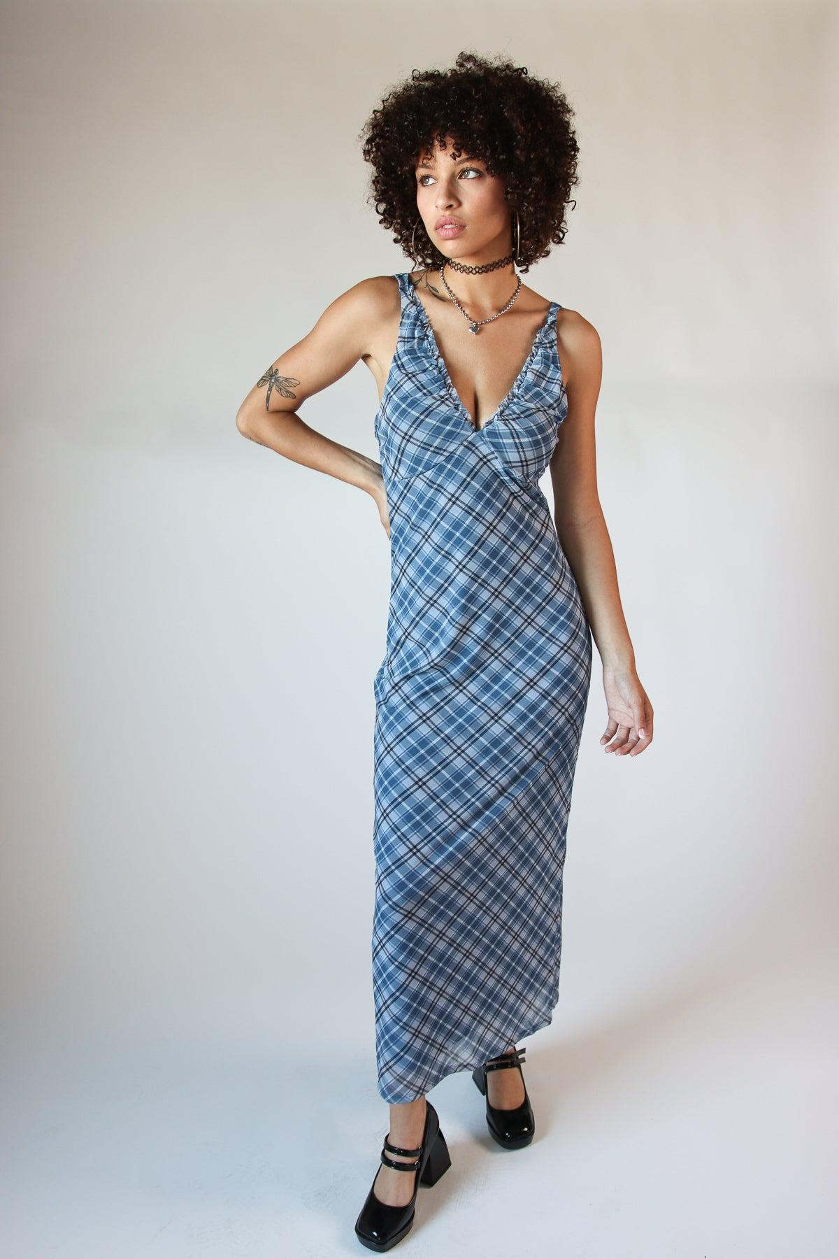 Mesh Plaid Cami Plunge Maxi Dress Product Image