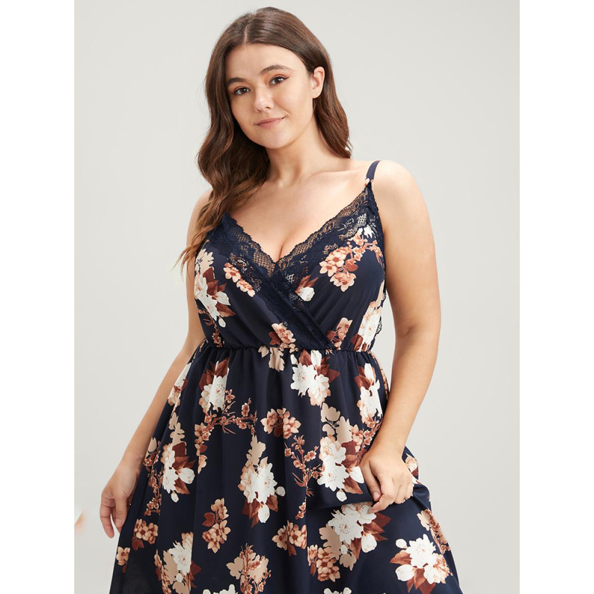 Plus Size Floral Wrap Lace Trim Cami Night Dress Women DarkBlue Elegant Floral Elastic Waist V-neck Loungewear BloomChic 30/6X Product Image