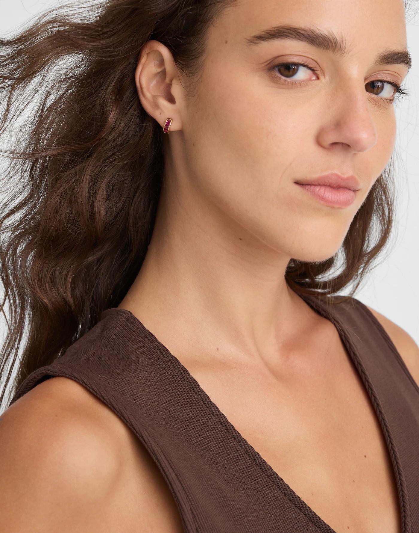 Demi-Fine Baguette Crystal Huggie Hoop Earrings Product Image