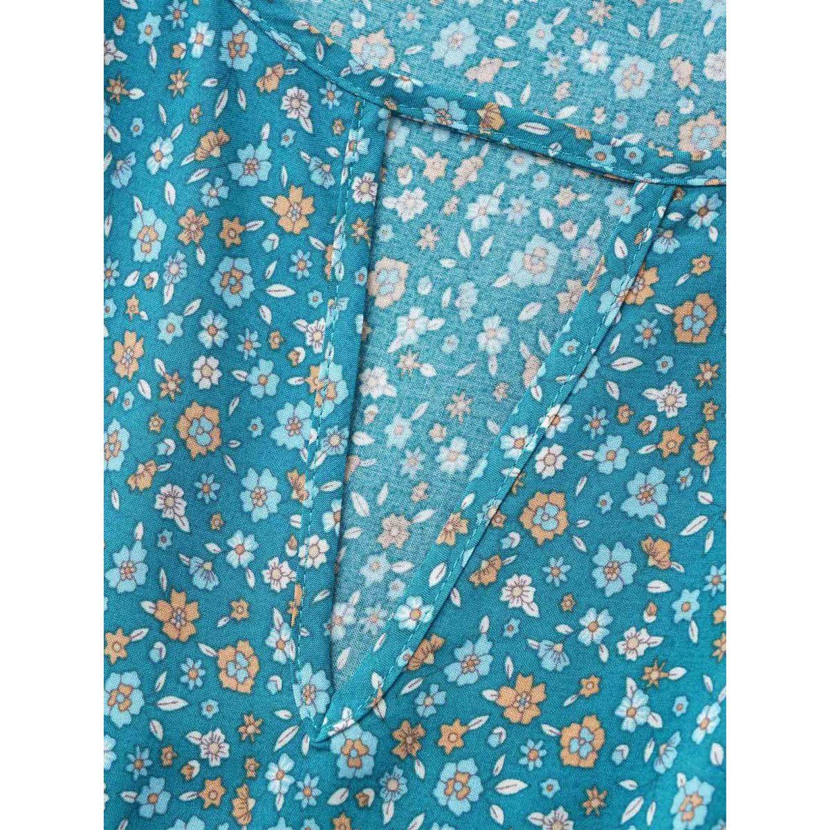 Plus Size Bandana Keyhole Ruffle Sleeve Midi Dress Mediumblue Women Resort Gathered Notched collar Short sleeve Curvy BloomChic 12/L Product Image