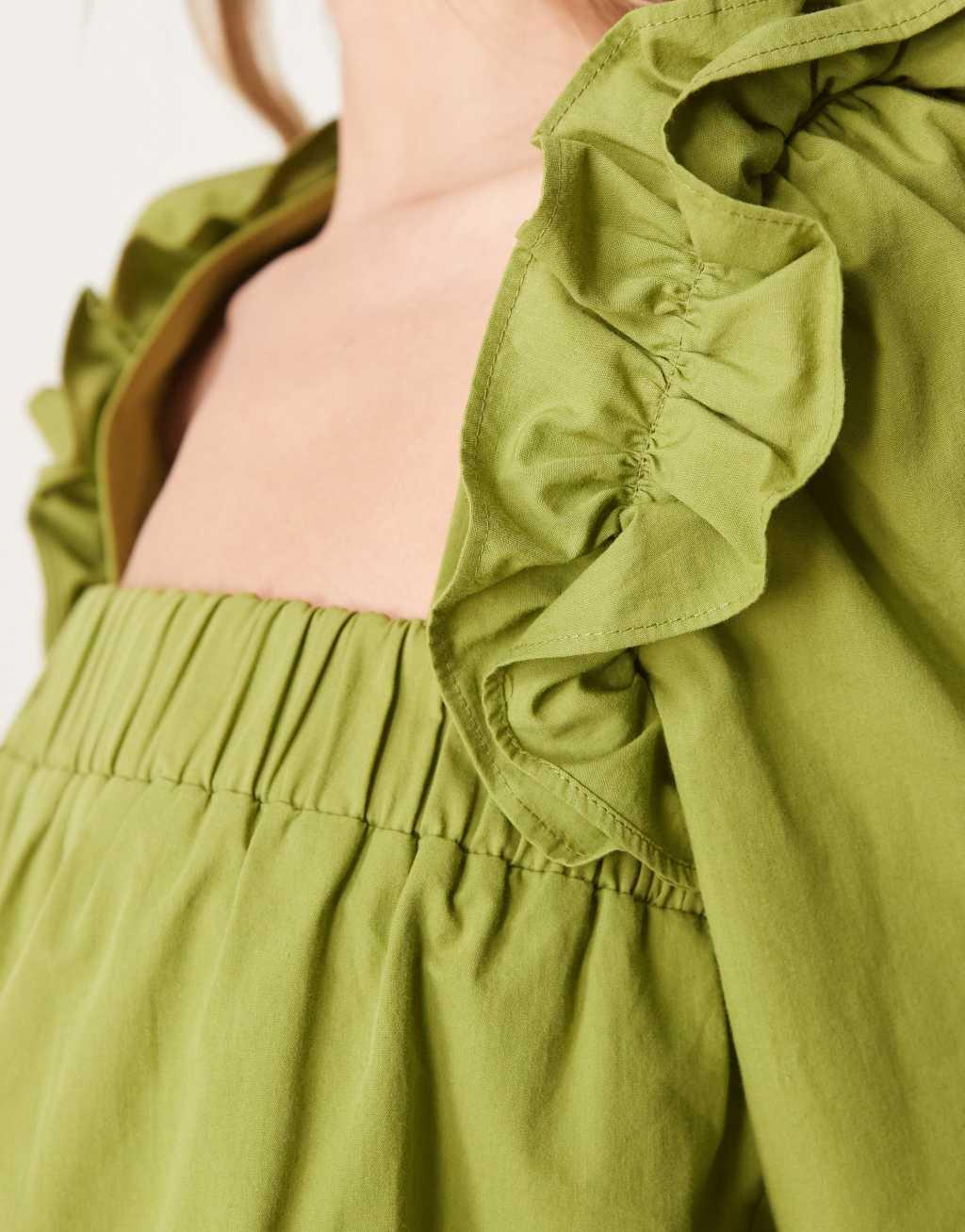 ASOS DESIGN poplin ruffle trapeze blouse in olive green Product Image