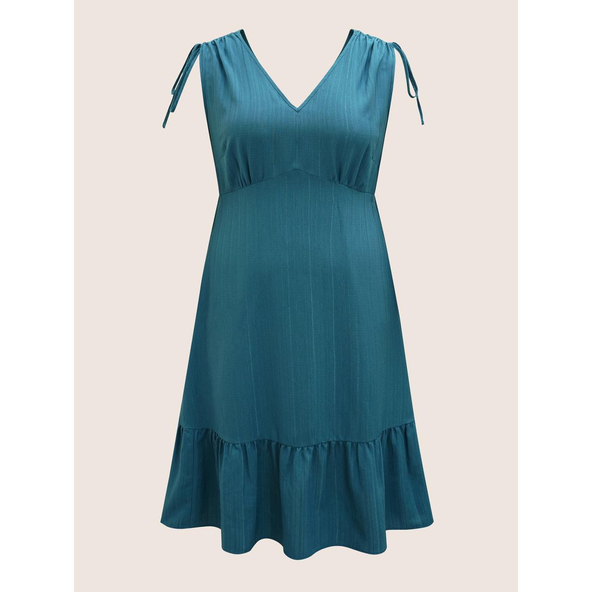 Plus Size Plain Textured Drawstring Ruffle Hem Dress Cerulean Women At the Office Texture V-neck Sleeveless Curvy BloomChic 22-24/3X Product Image