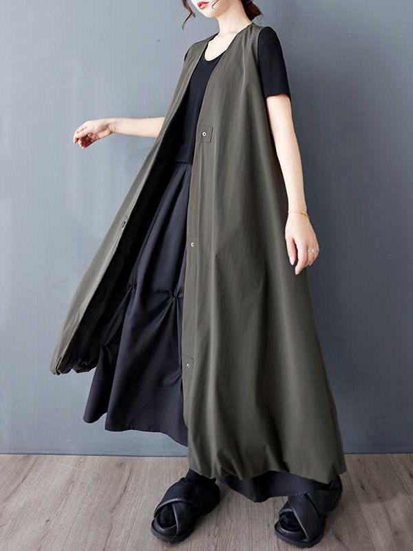 A-Line Loose Buttoned Pleated Pockets Solid Color V-Neck Midi Dresses Vest Outerwear Product Image