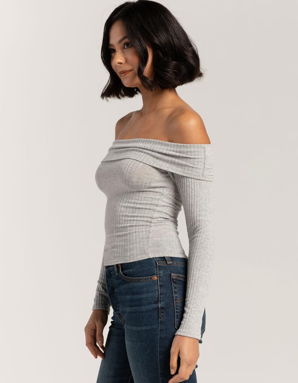 FULL TILT Fold Over Rib Off The Shoulder Womens Top - HEATHER GRAY Product Image