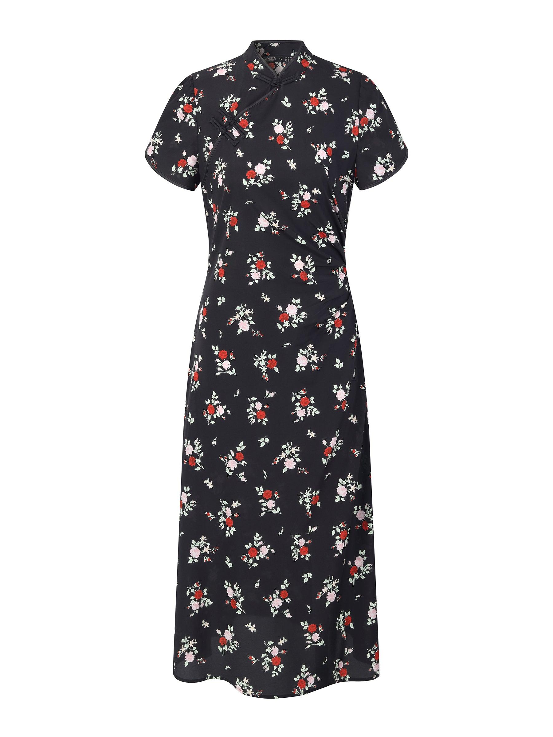 16MM Mulberry Silk Rose Print Women Qipao Midi Dress Product Image