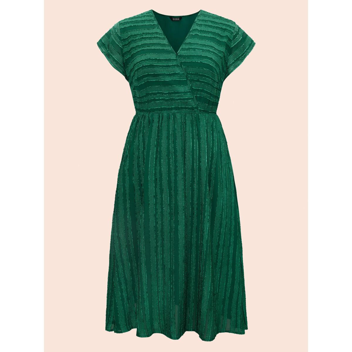 Plus Size Overlap Collar Plain Textured Midi Dress DarkGreen Women Elegant Texture Overlap Collar Cap Sleeve Curvy BloomChic 30/6X Product Image