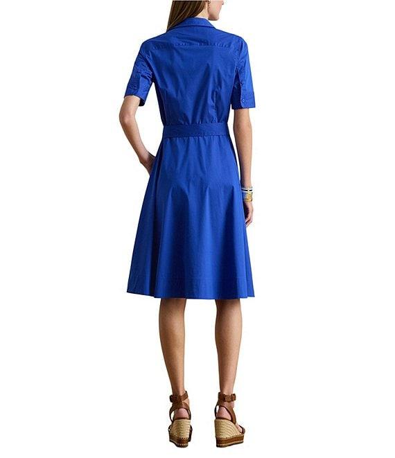 Lauren Ralph Lauren Cotton-Blend Point Collar Elbow Sleeve Belted Shirt Dress Product Image