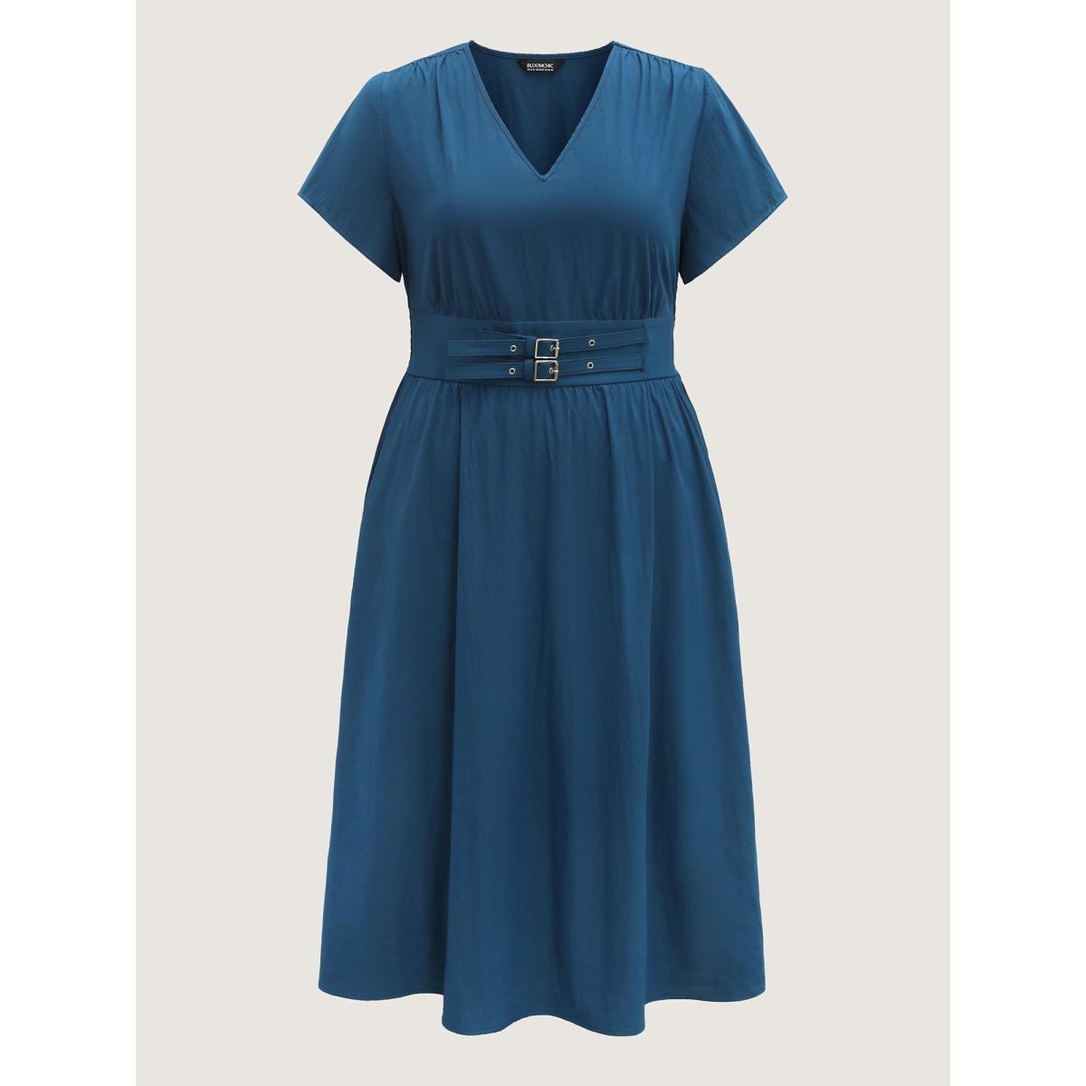 Plus Size Belted Cinched-Waist Solid Maxi Dress Mediumblue Women V-neck Cap Sleeve Curvy BloomChic 26/4X Product Image