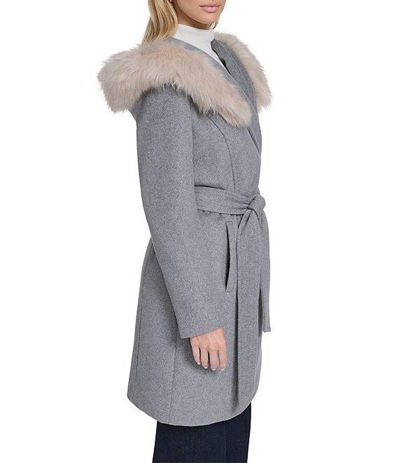 Cole Haan Wool Blend Faux Fur Trim Belted Wrap Coat Product Image