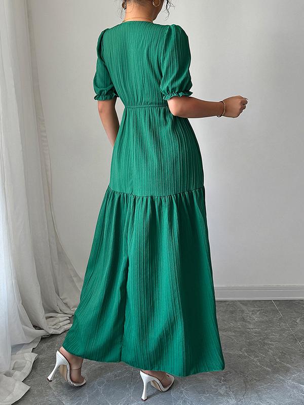 Half Sleeves High Waisted Pleated Solid Color Split-Front V-Neck Maxi Dresses Product Image