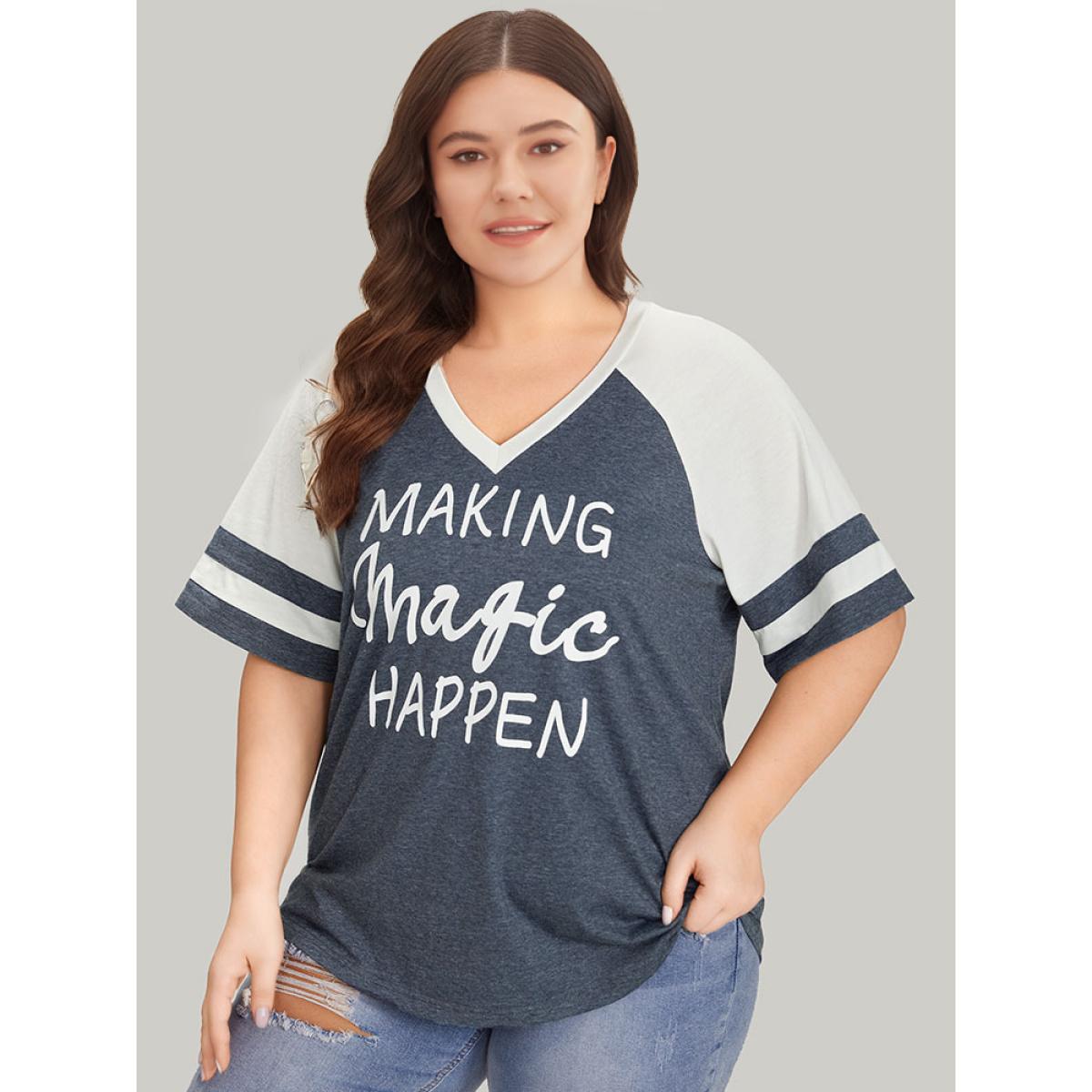 Plus Size Letter Print Patchwork Raglan Sleeve T-shirt Multicolor Women Casual Contrast Letter Dailywear T-shirts BloomChic 12/L Product Image