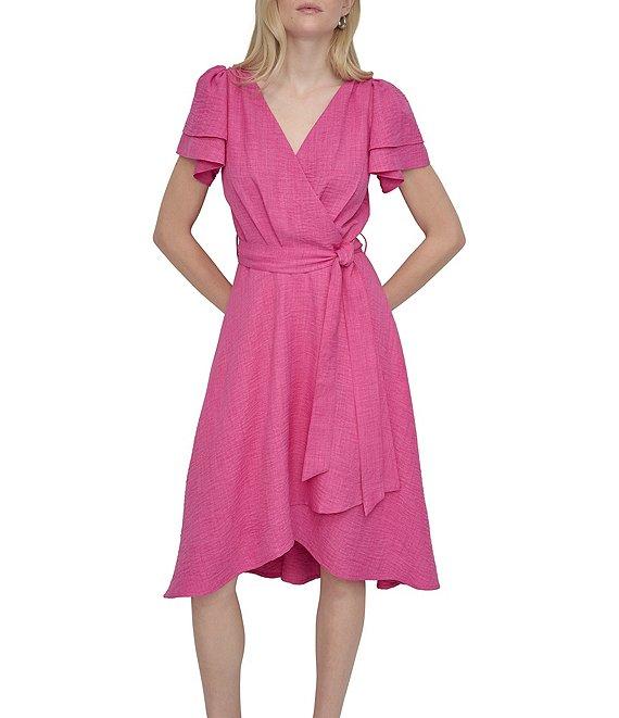 DKNY by Donna Karan Petite Size Short Sleeve V-Neck Wrap Dress Product Image