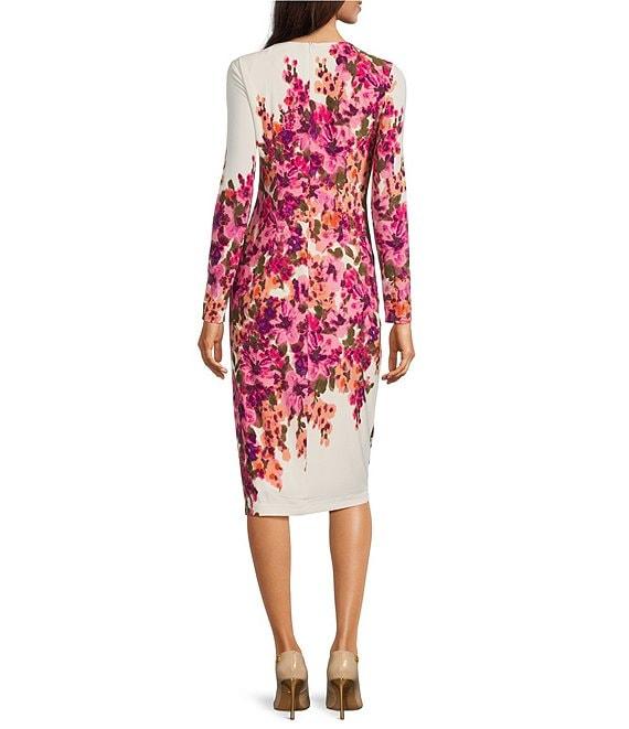 Maggy London Matte Jersey Floral Print Crew Neck Long Sleeve Sheath Midi Dress Product Image