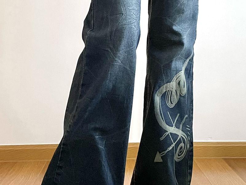 Low Waist Graphic Print Slim-Fit Boot-Cut Jeans Product Image