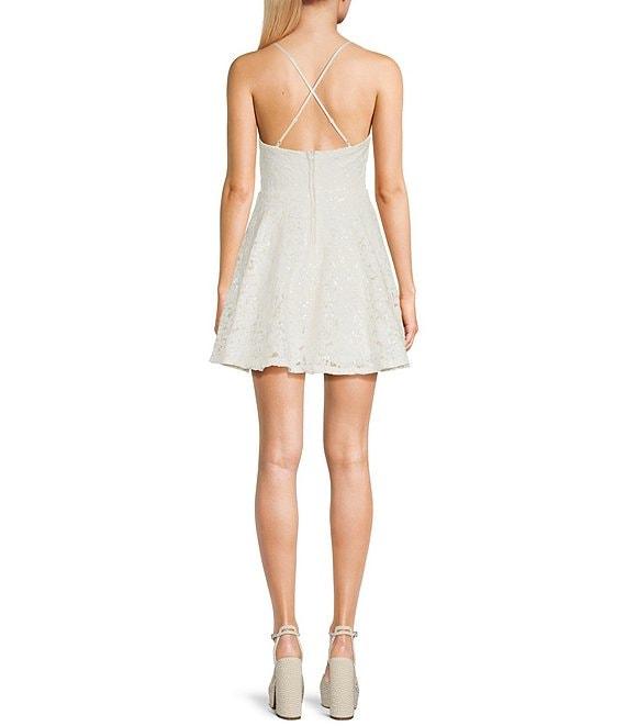 Honey and Rosie Embroidered Sequin Square Neck Spaghetti Strap Criss Cross Back Fit & Flare Dress Product Image