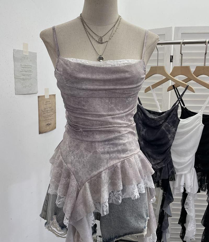 Asymmetrical Ruffle Trim Lace Panel Mesh Slim Fit Camisole Top Product Image