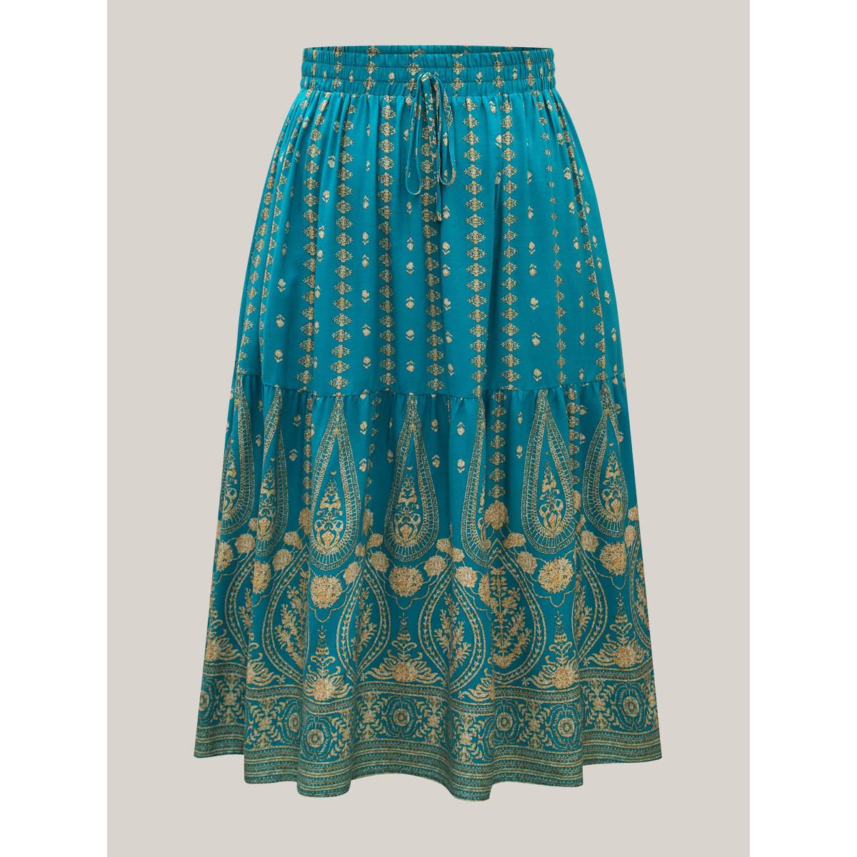 Plus Size Boho Geometric Print Tiered Maxi Skirt Women Turquoise Elegant Drawstring Bodycon Low stretch Slanted pocket Everyday-Elegant Skirts BloomChic 26/4X Product Image
