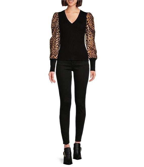 DKNY by Donna Karan Knit Mix Media Cheetah Print Puff Long Sleeve Top Product Image