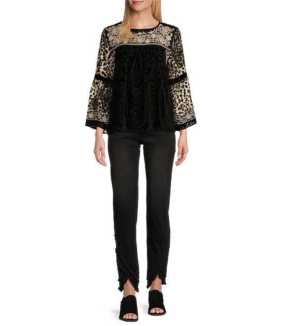 John Mark Woven Velvet Embroidered Round Neck 3/4 Sleeve Top Product Image
