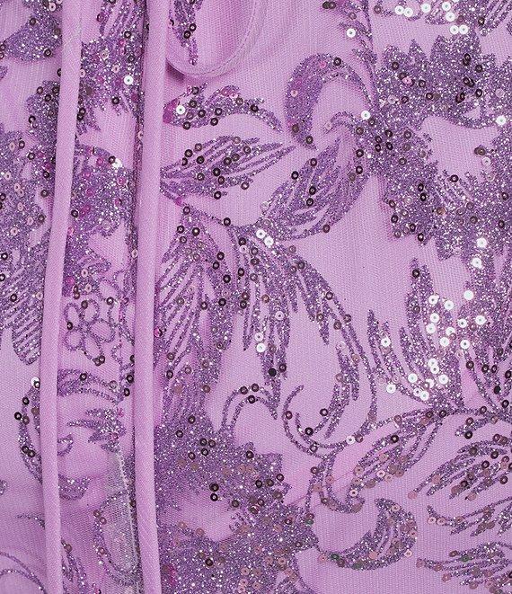 Blondie Nites Glitter Sequined Leaf Pattern V-Neck Sleeveless Tie Back Gown Product Image