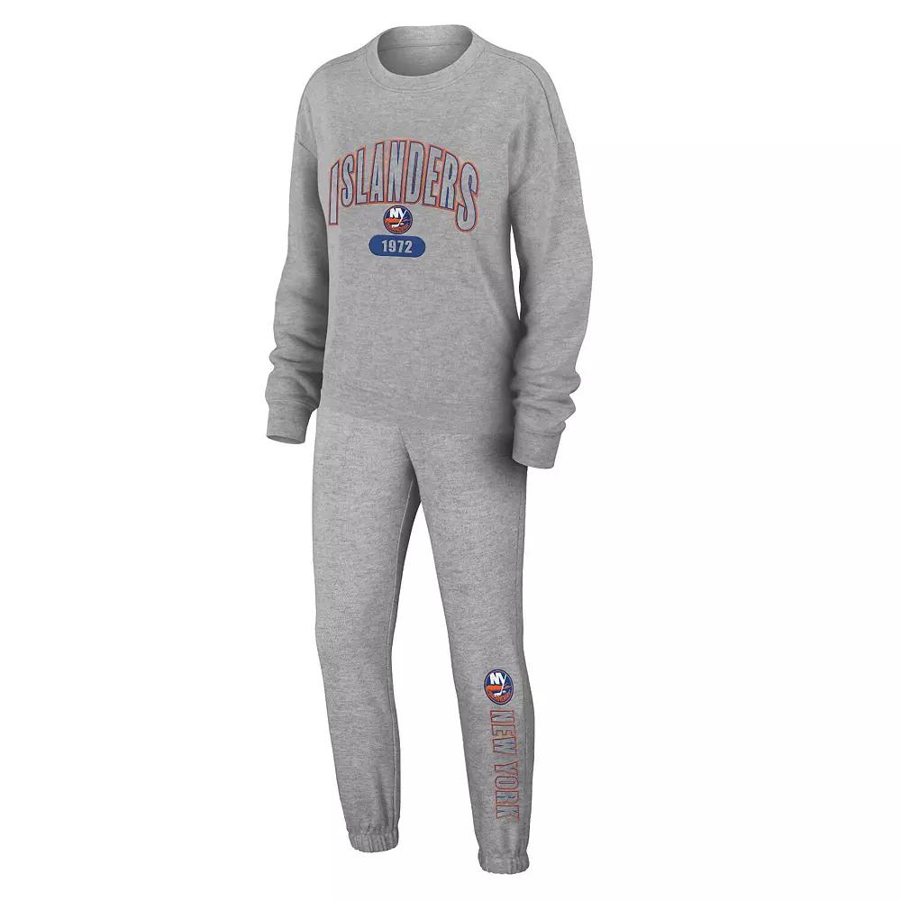Women's WEAR by Erin Andrews Heather Gray New York Islanders Knit Long Sleeve Tri-Blend T-Shirt & Pants Sleep Set,  Product Image