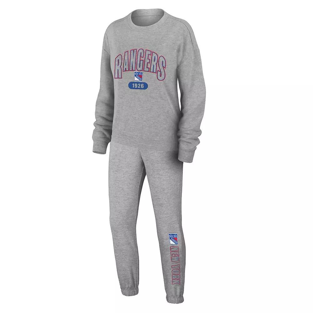 Women's WEAR by Erin Andrews Heather Gray New York Rangers Knit Long Sleeve Tri-Blend T-Shirt & Pants Sleep Set,  Product Image