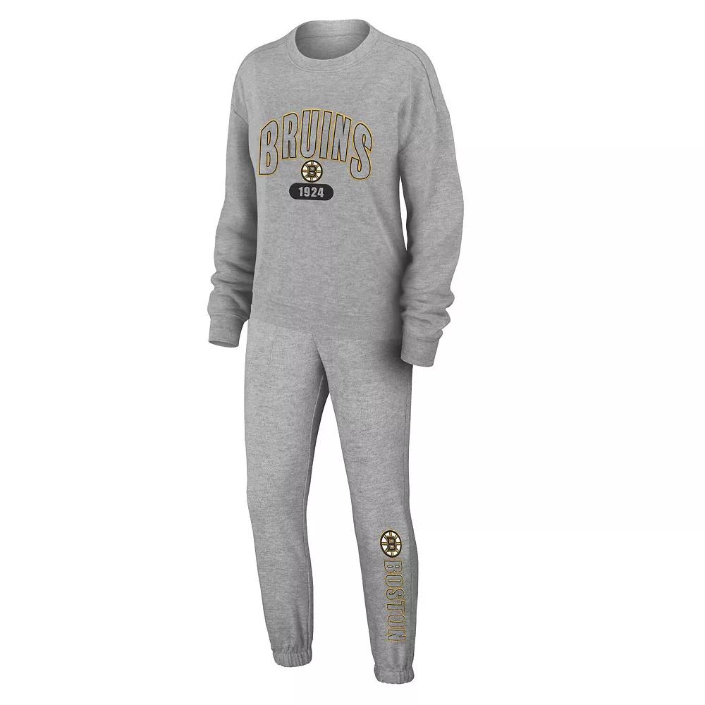 Women's WEAR by Erin Andrews Heather Gray Boston Bruins Knit Long Sleeve Tri-Blend T-Shirt & Pants Sleep Set,  Product Image