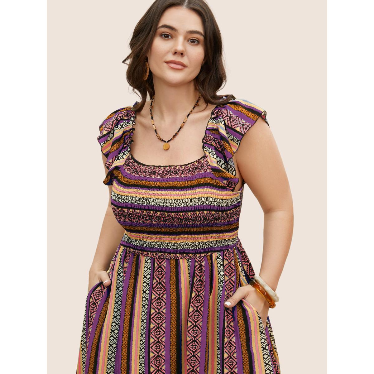 Plus Size Bandana Striped Shirred Ruffle Trim Dress Lilac Women Resort Shirred Square Neck Cap Sleeve Curvy BloomChic 30/6X Product Image