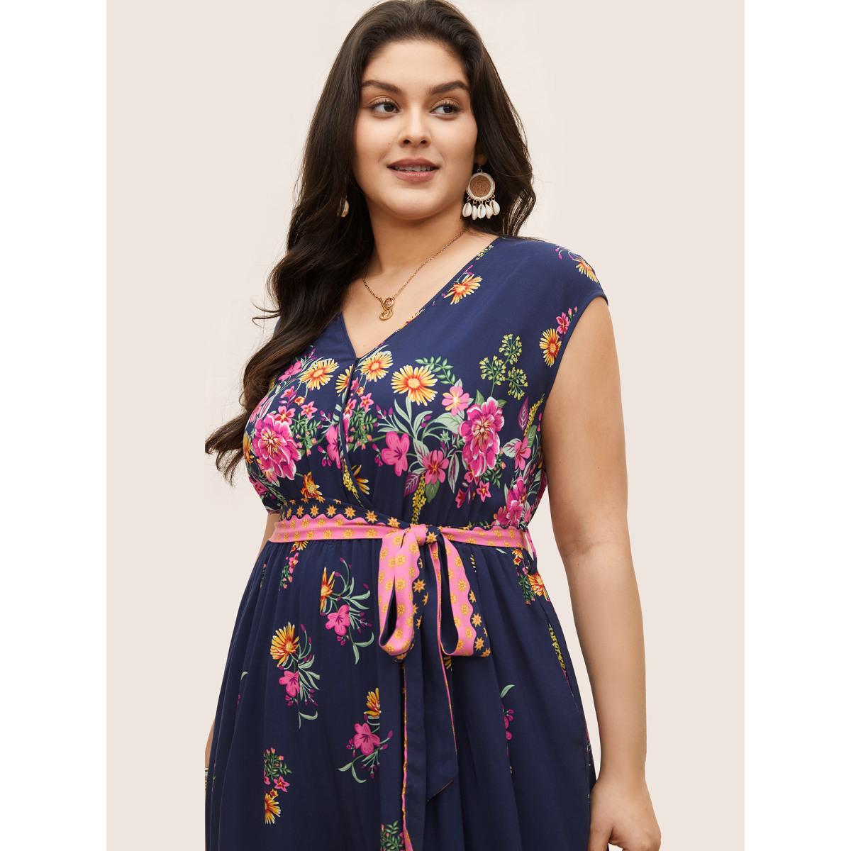 Plus Size Indigo Boho Print Overlap Collar Belted Sleeveless Jumpsuit Women Resort Cap Sleeve V-neck Vacation Loose Jumpsuits BloomChic 14-16/1X Product Image