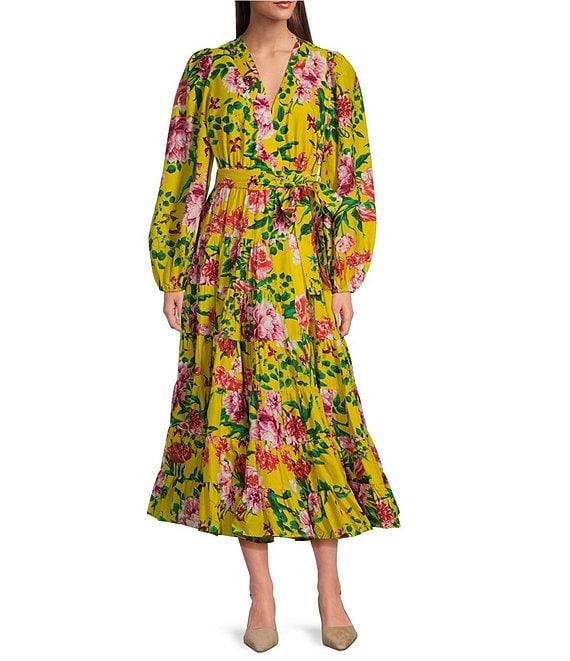 Gibson & Latimer Woven Floral Print Poplin V-Neck Long Blouson Sleeve Tie at Side Wrap A-Line Flounce Midi Dress Product Image