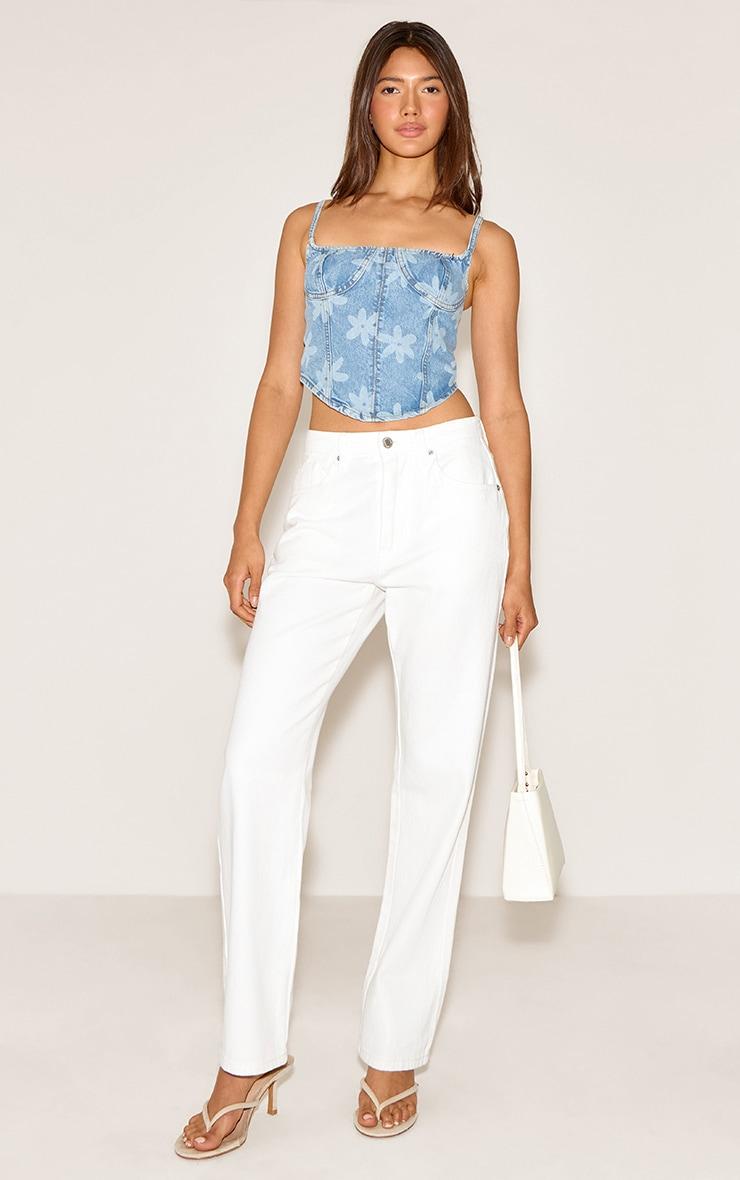 Light Blue Wash Floral Print Denim Corset Top Product Image