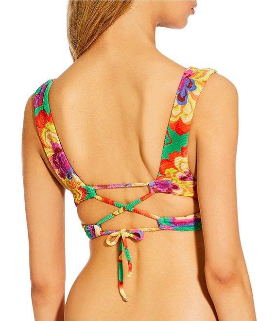 GB Bright Bloom Green Scrunchie Textured Wide Shoulder Longline Bralette Swim Top Product Image