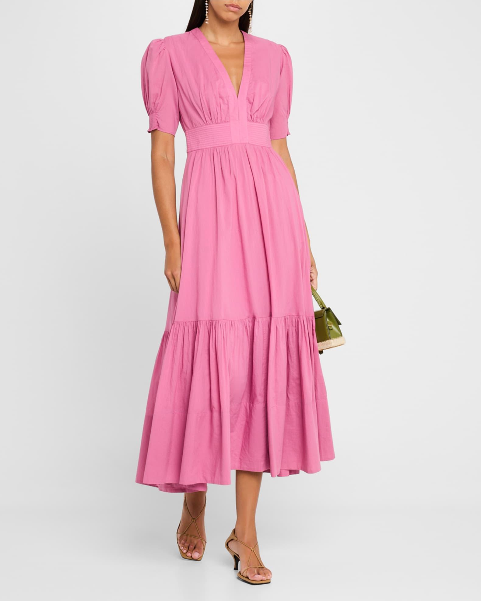 Edorine Ruched Puff-Sleeve Cotton Midi Dress Product Image